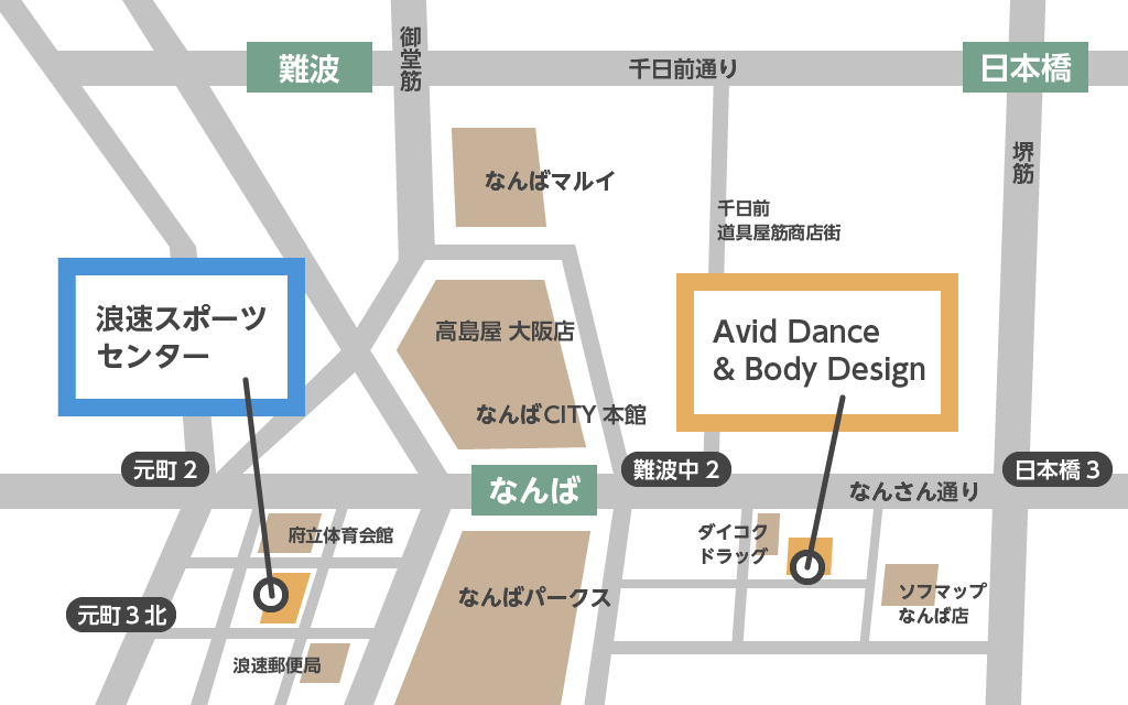 Avid Dance & Body Design 難波のダンス教室の地図